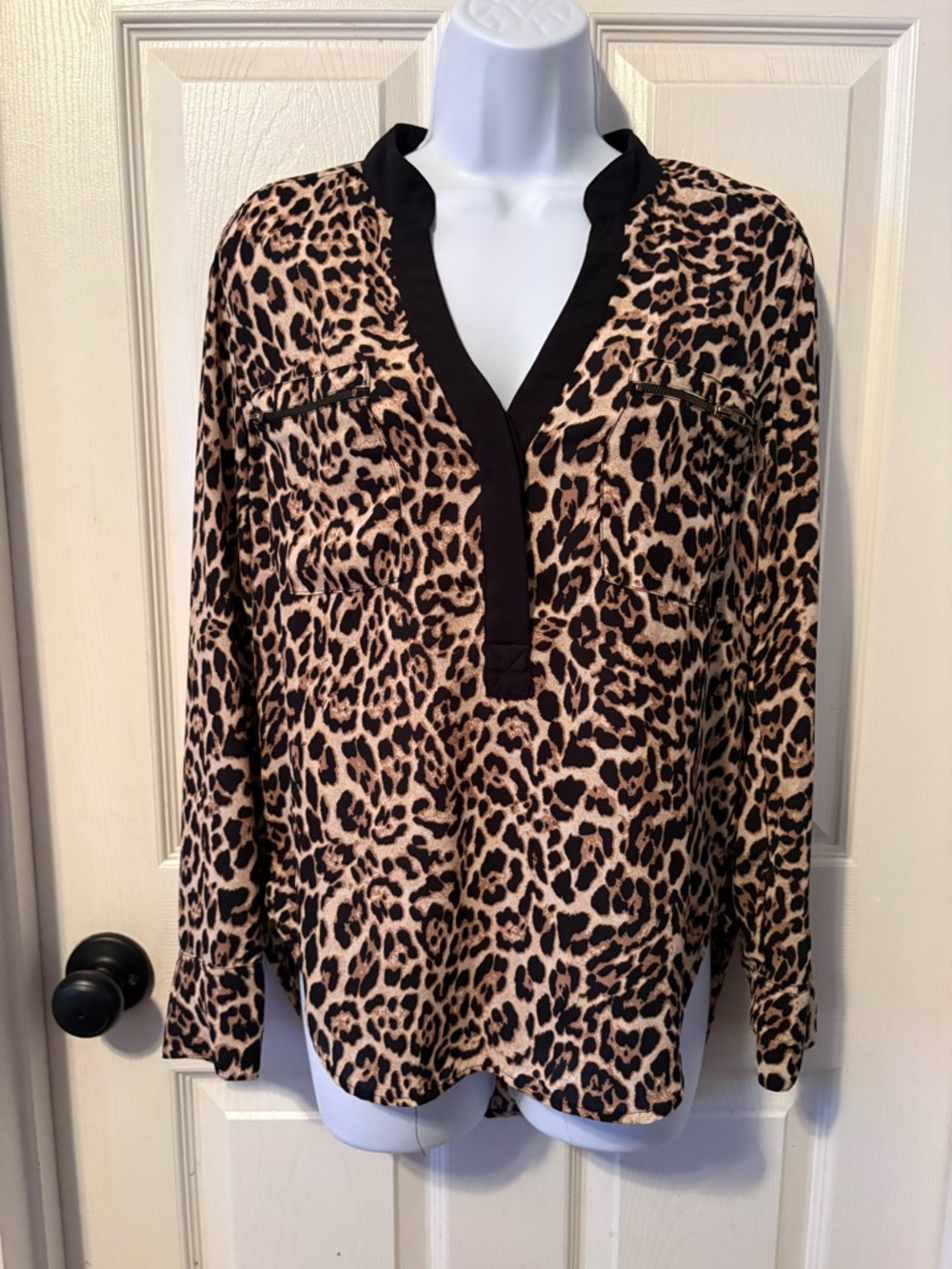 Leopard Print V-Neck Blouse with Black Trim - Women